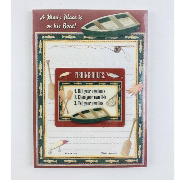 LINDA GRAYSON MAGNETIC NOTE PAD Fishing Rules Bait Hook Man's Place on Boat USA - Picture 1 of 8